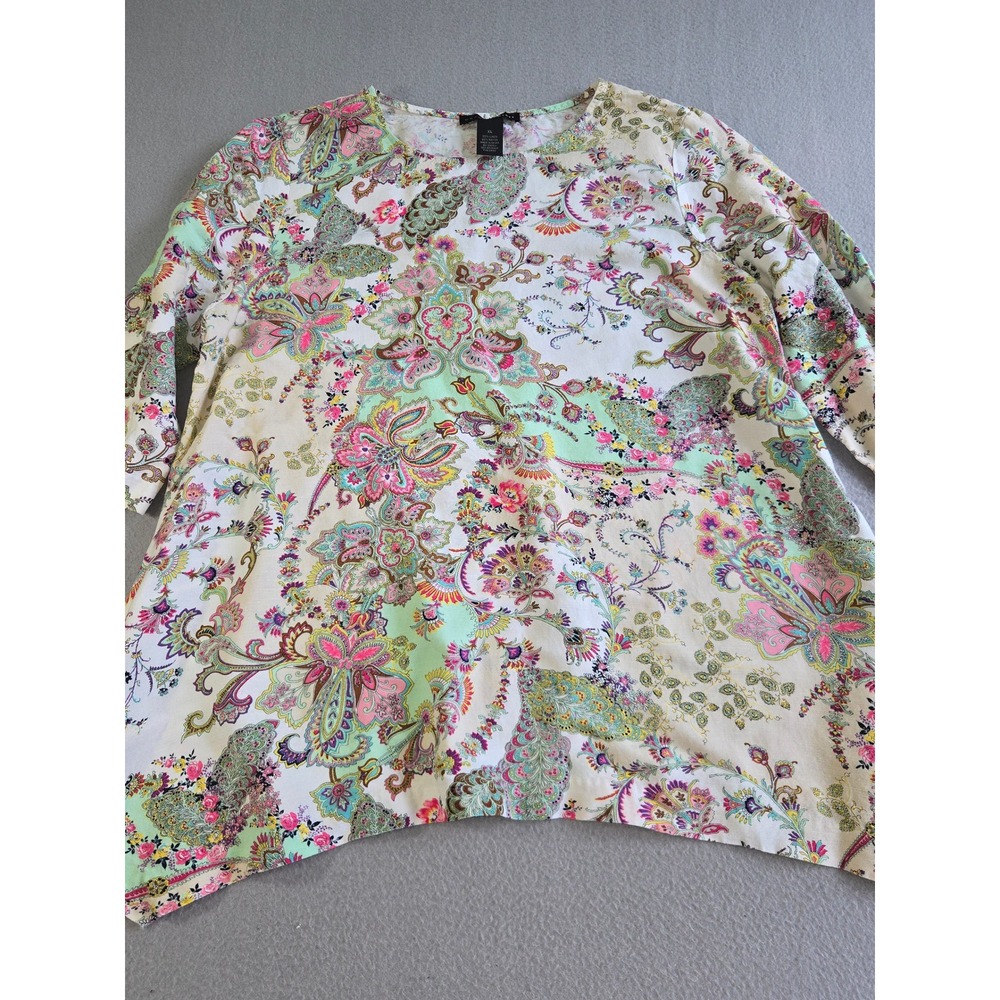 Grace Elements Tunic Women XL Multi Paisley Linen Blend Sharkbite Hem 3/4 Sleeve